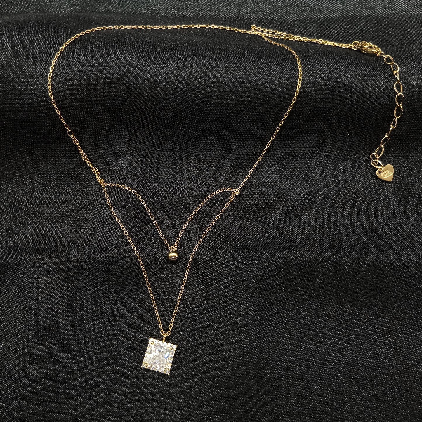 Gold Plated Square Shape Simple Diamond Pedant With Two Layer Necklace