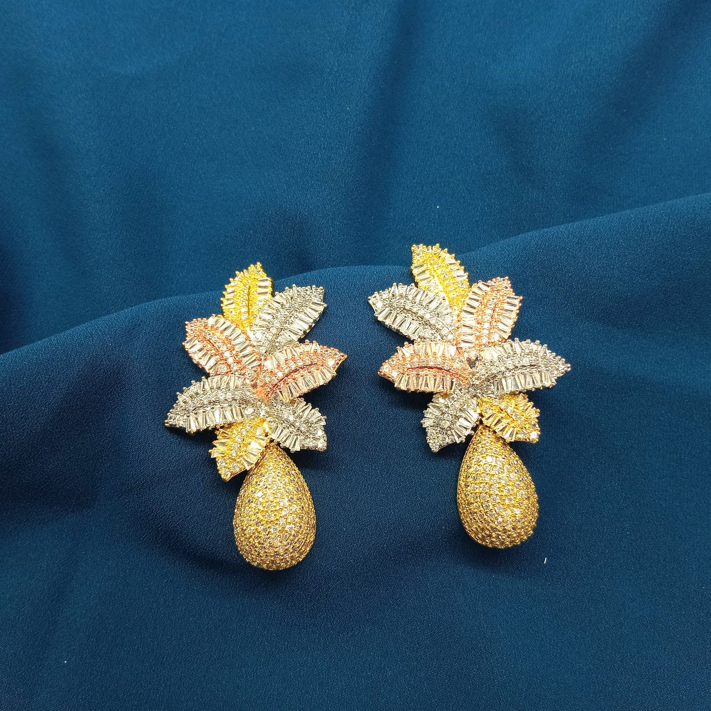 3 Tone Gold Plated Leaf Drop Flower Micro Cubic Zirconia earring