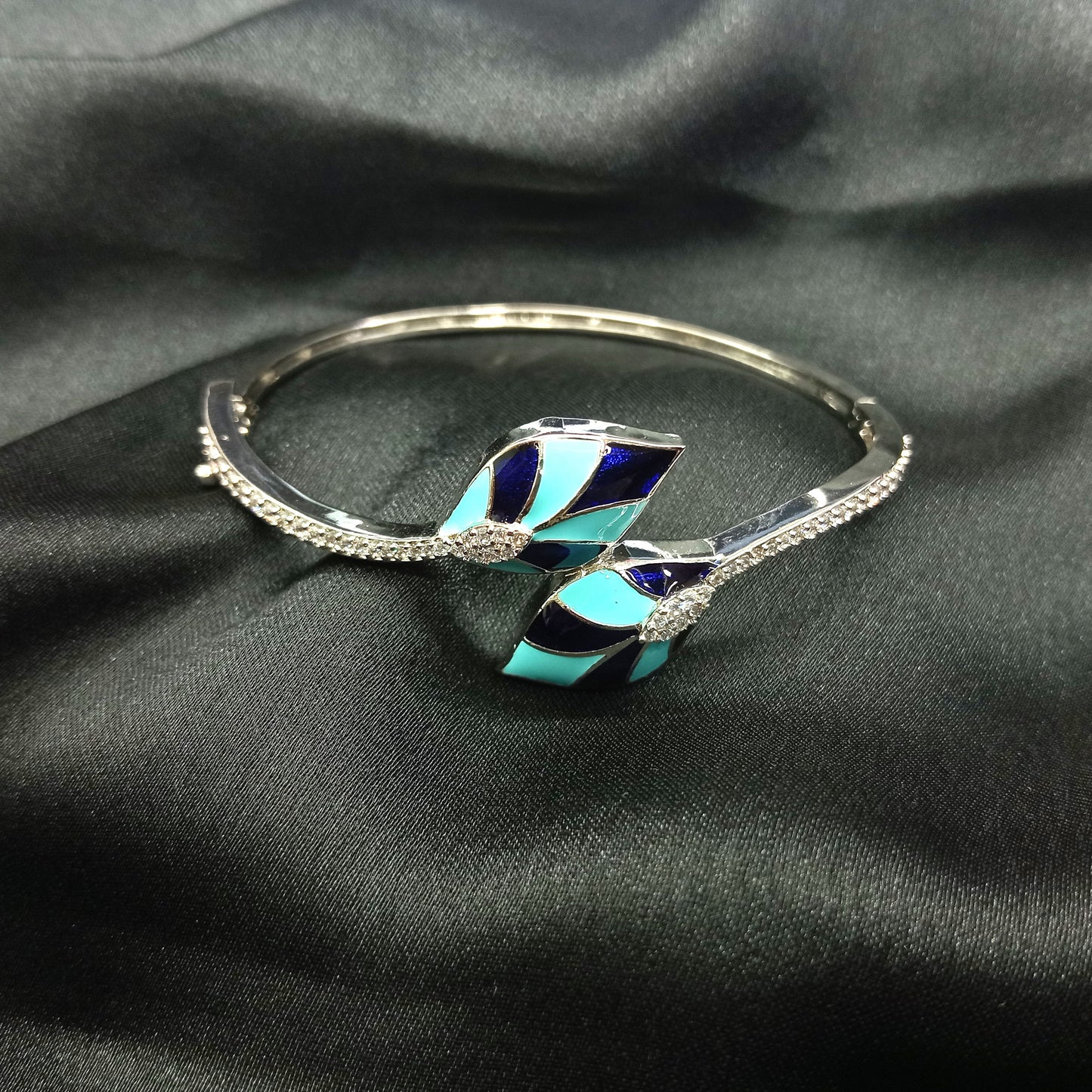 Silver plated Vintage Enamel Leaves shape with cubic diamonds kada for women