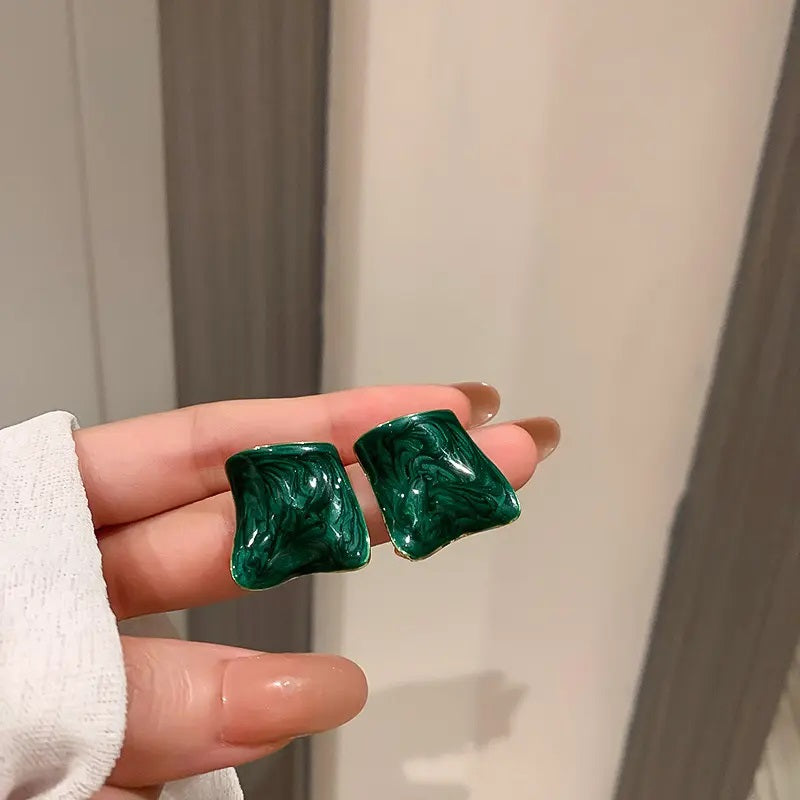 Green square stud earring