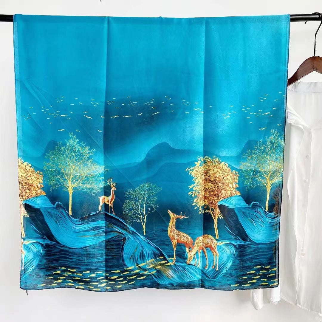Deer and tree printed blue colour scarf