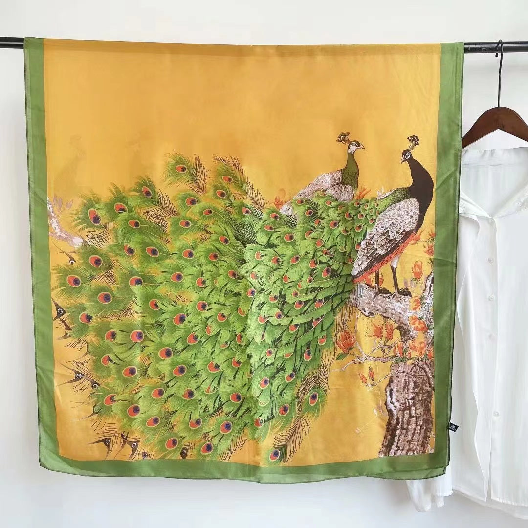 Beautiful peacock print yellow and green scarf