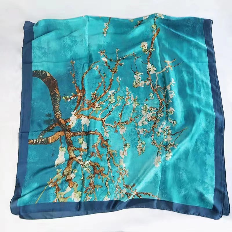 Sea blue colour printed silk scarf