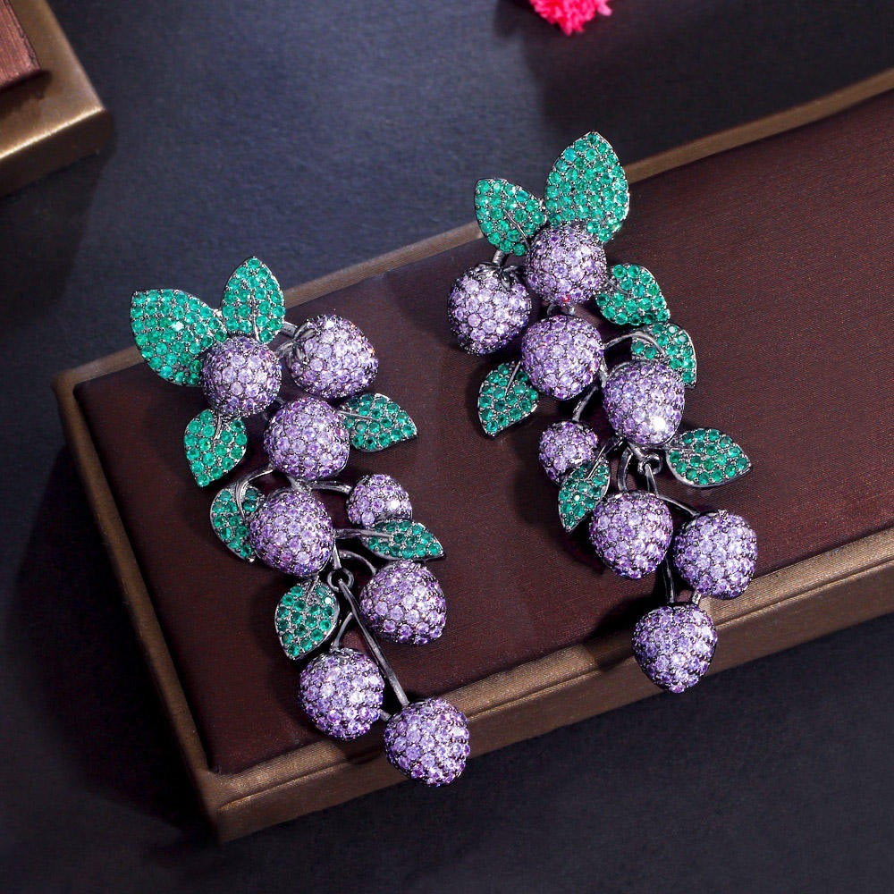 micro pave cubic zirconia purple green grape cluster dangling drop earring
