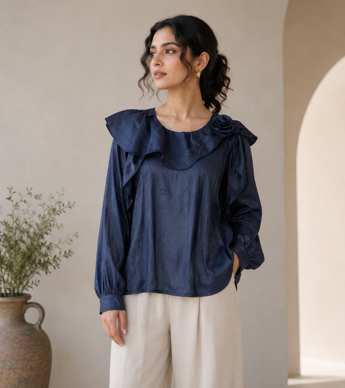 Round Neck Flower Brooch Top