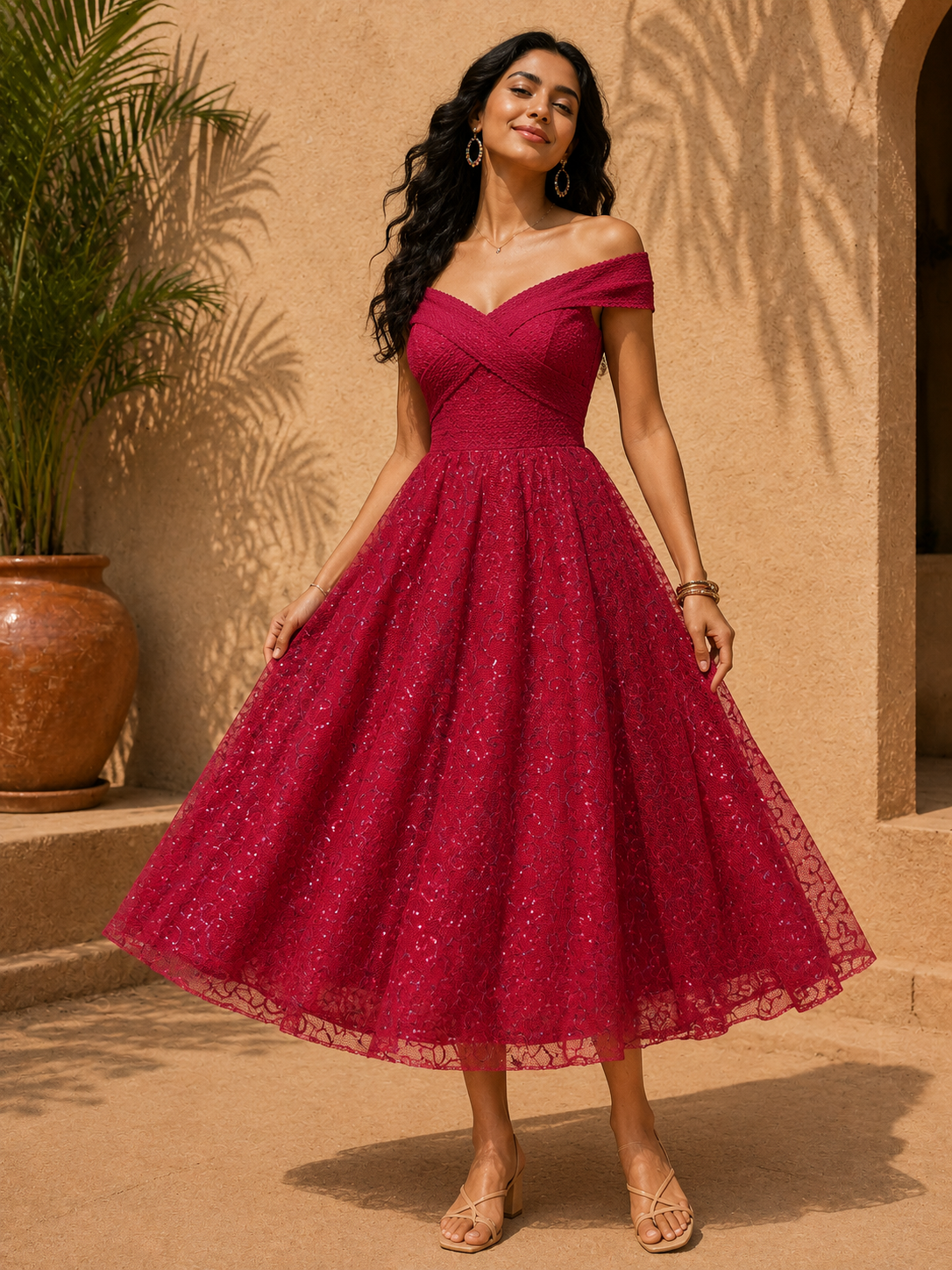 Elegant Red Glitter Glam Dress