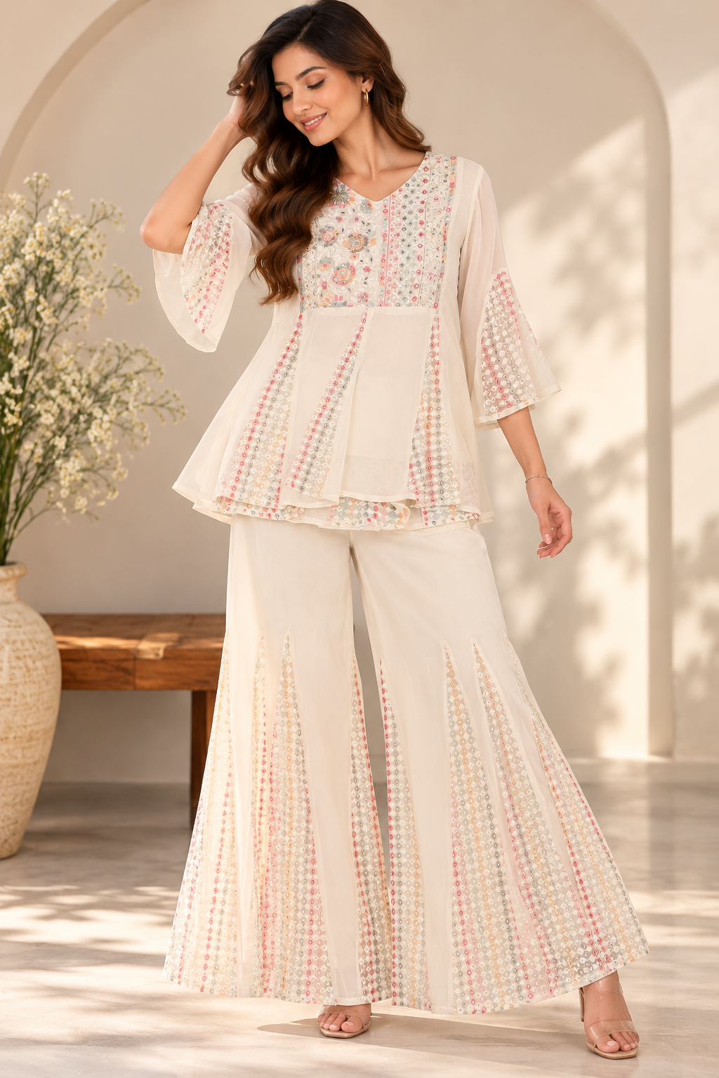 Ivory Mirrorwork Sharara Set