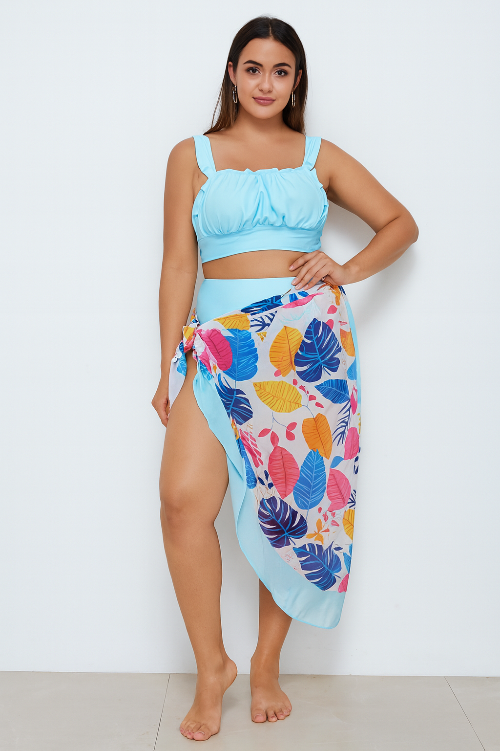 Leaf Print Blue Swim Wear For Women