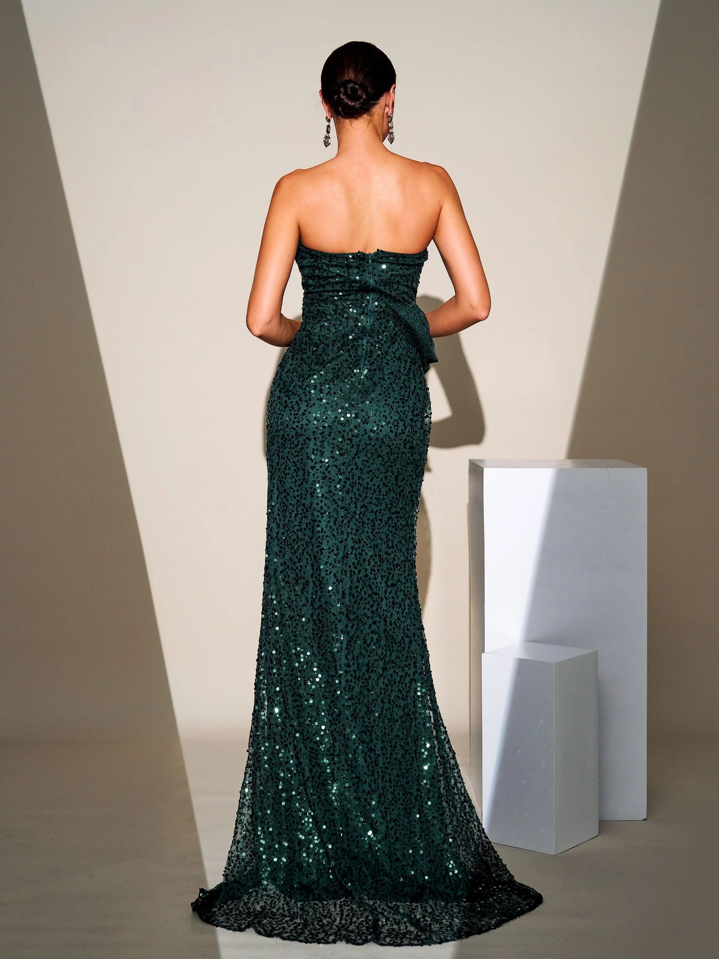 Green long off shoulder gown