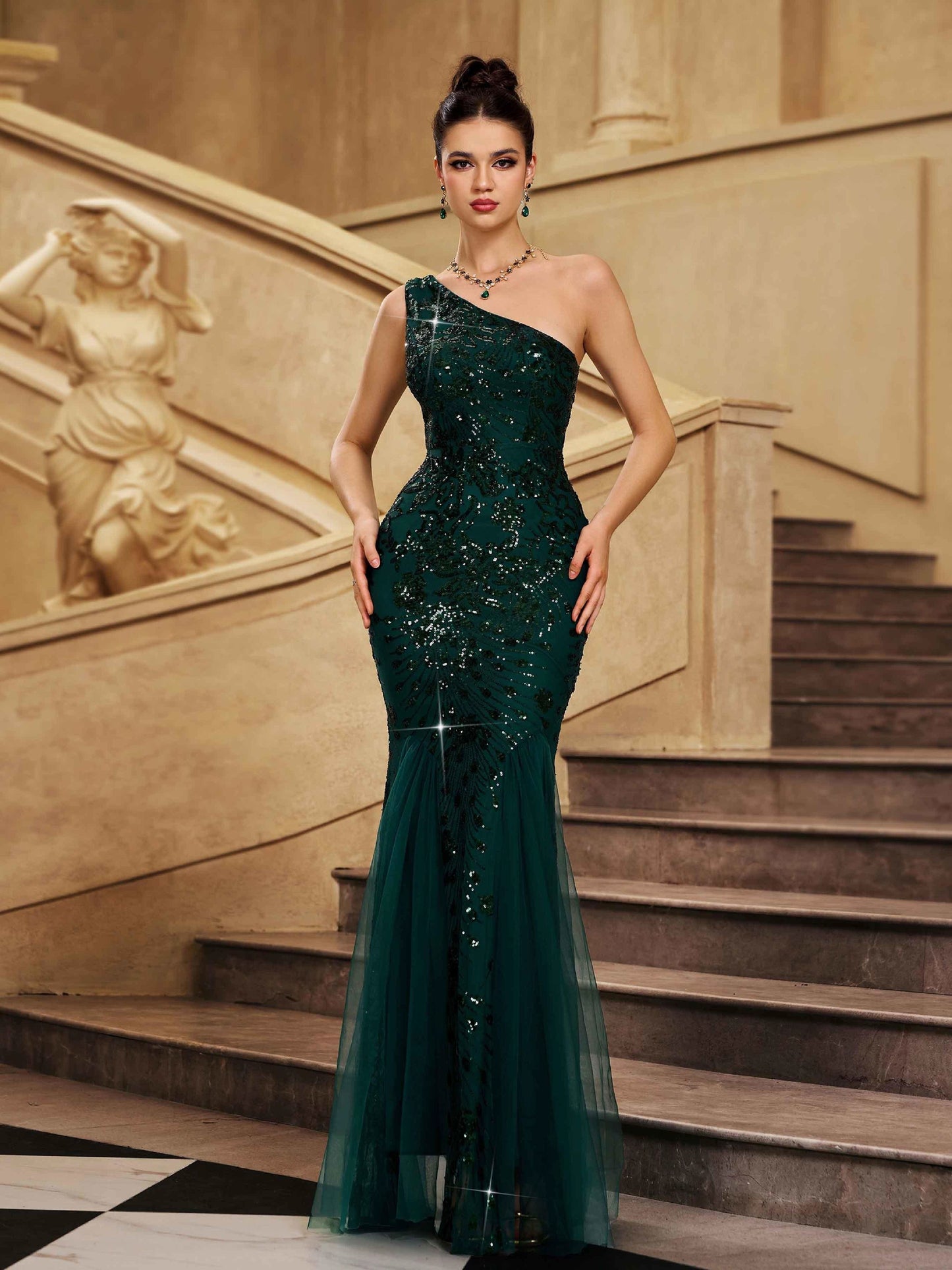 Regal One-Shoulder Fishtail Green Gown