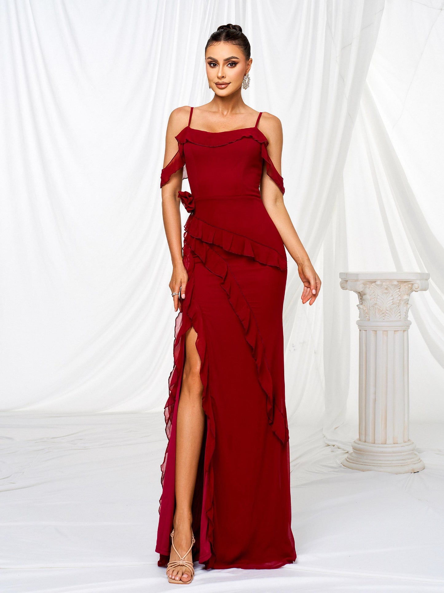 Deep Red Evening Gown With Ruffles