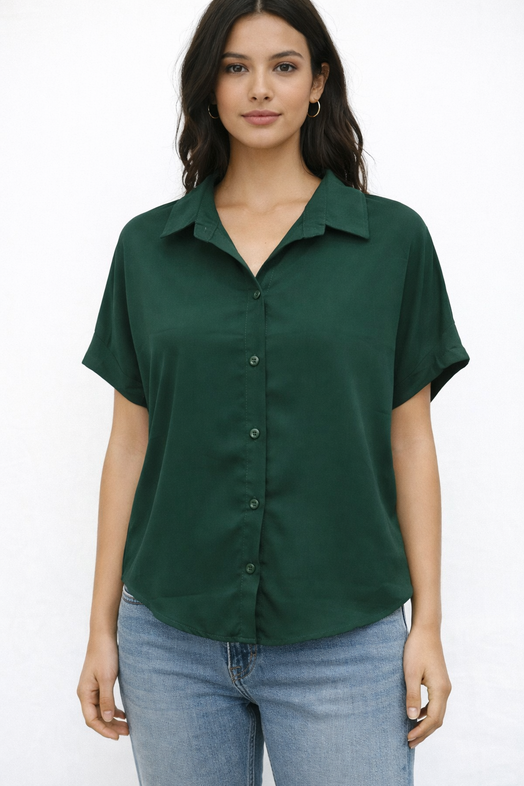 Casual Wear Green Short Sleeve Shirt For Women