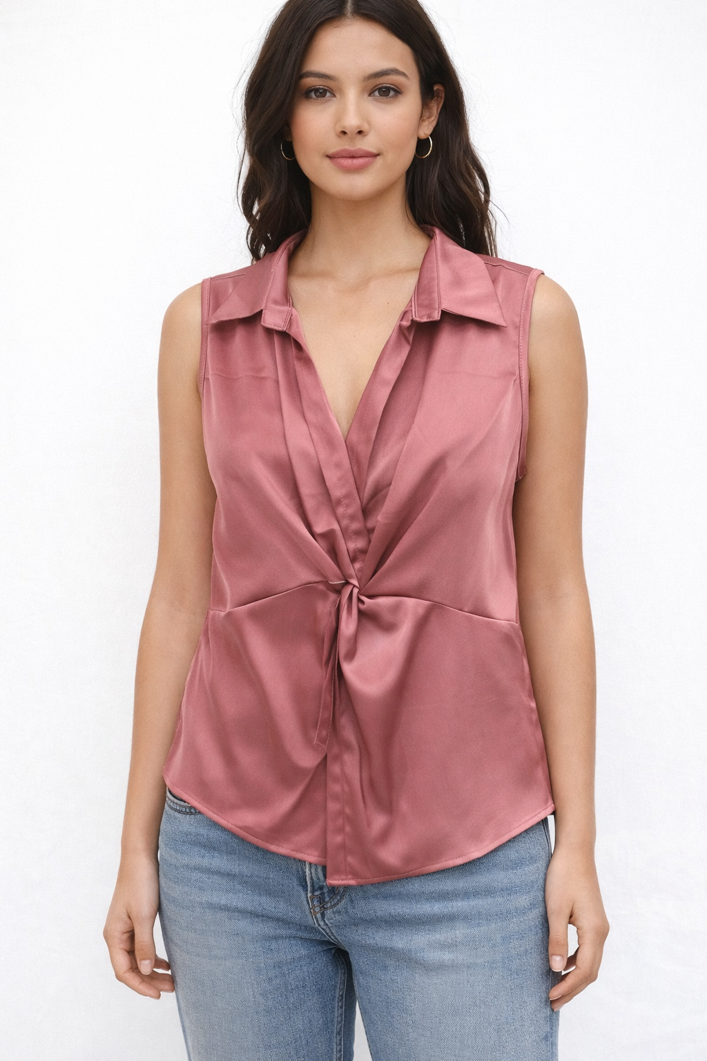 Pink Satin V Neck Sleeveless Top For Women