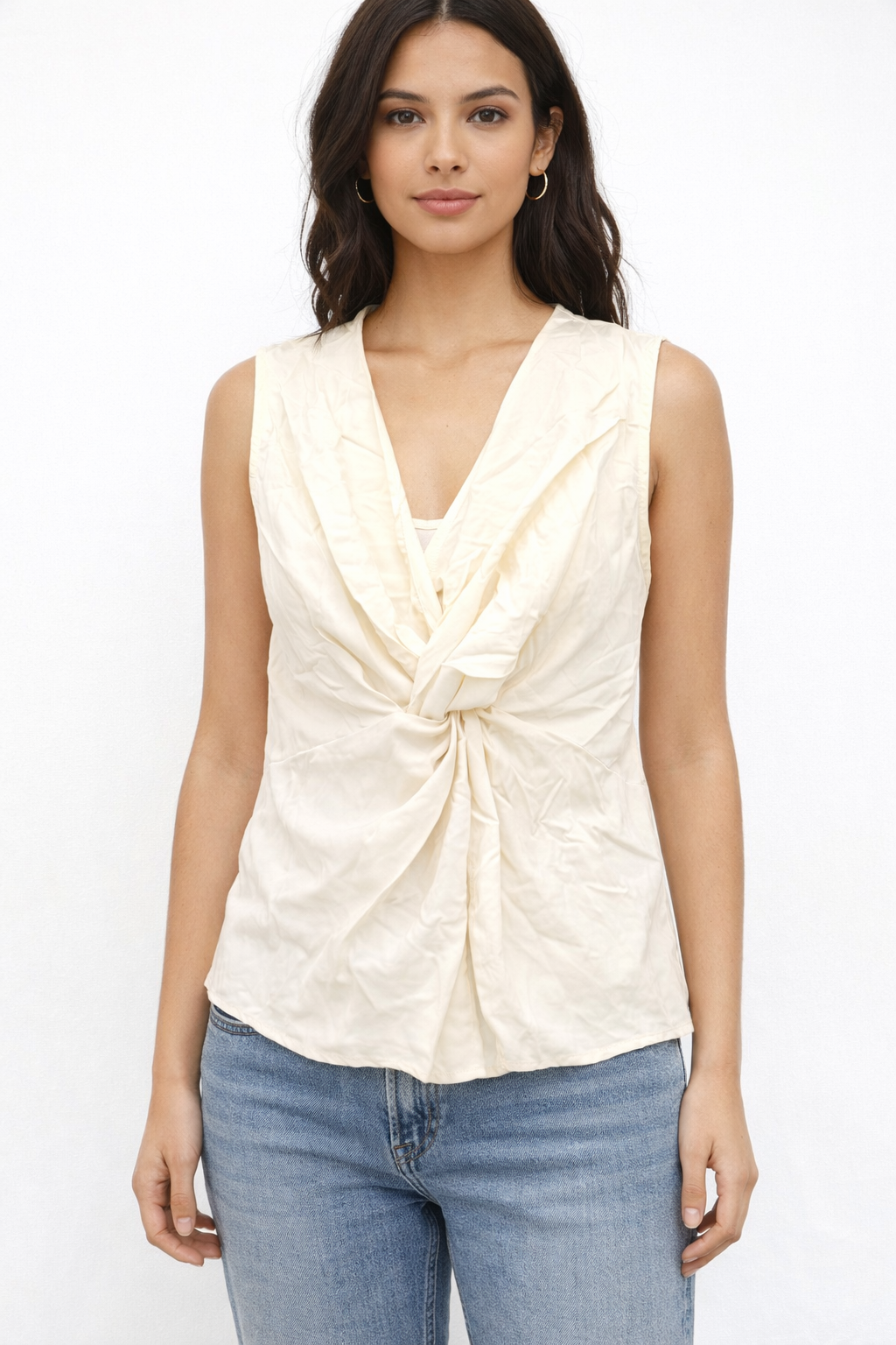 White Satin V Neck Sleeveless Top For Women