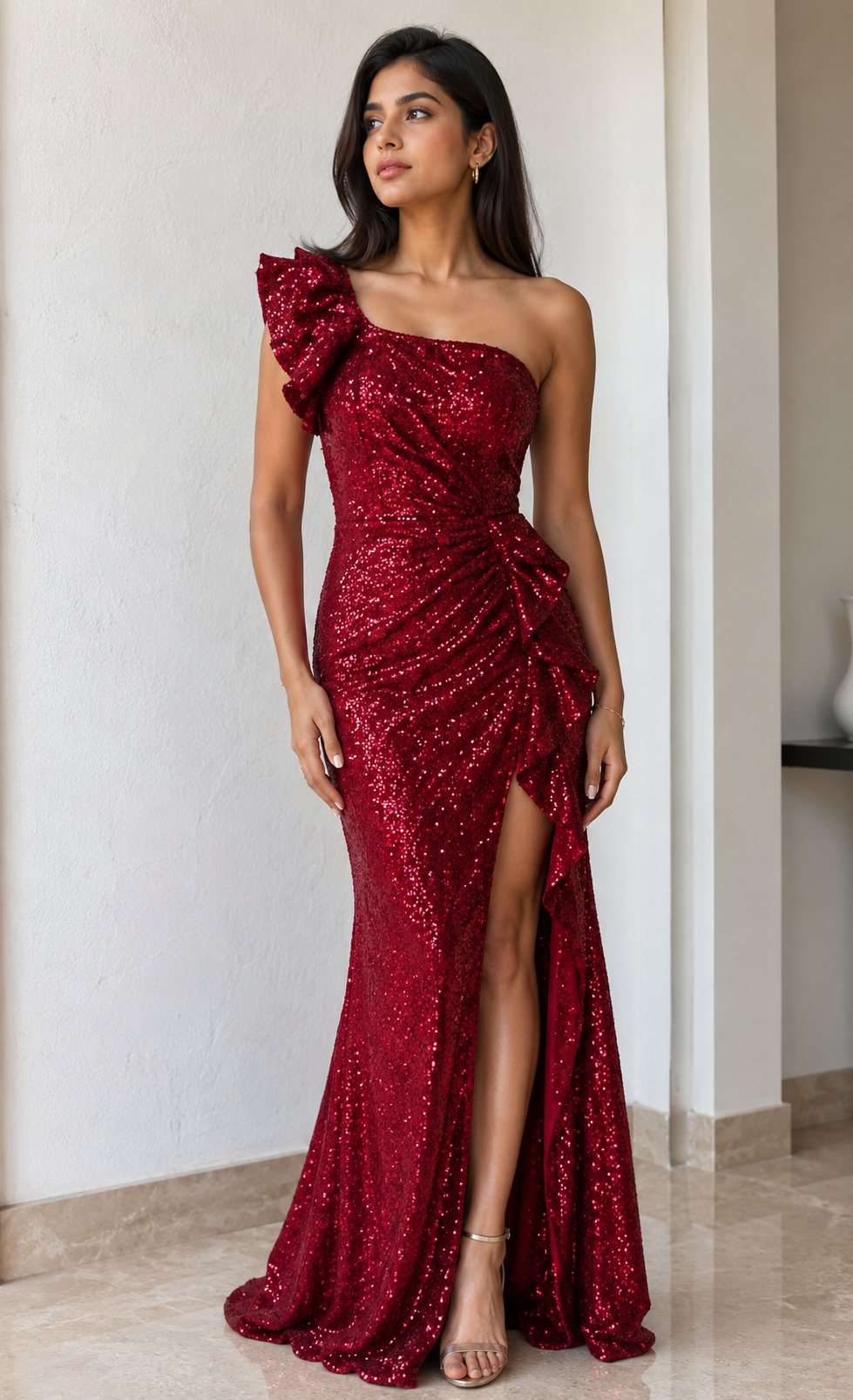 Glamour Lace Slit Evening Gown