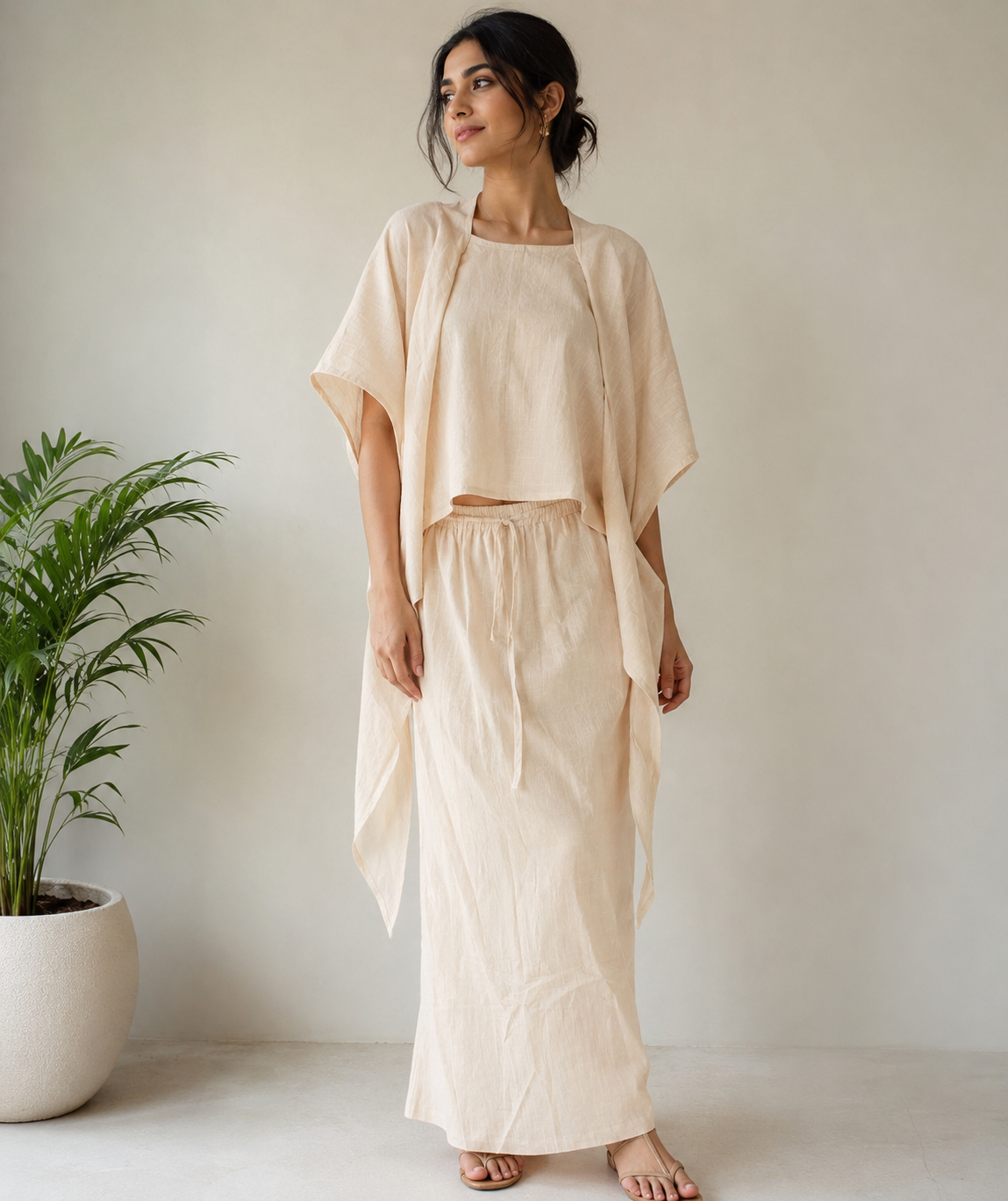 Shoulder Scarf Round Neck Top with skirt