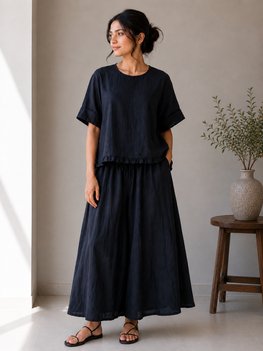 Round Neck Top With Skirt Set