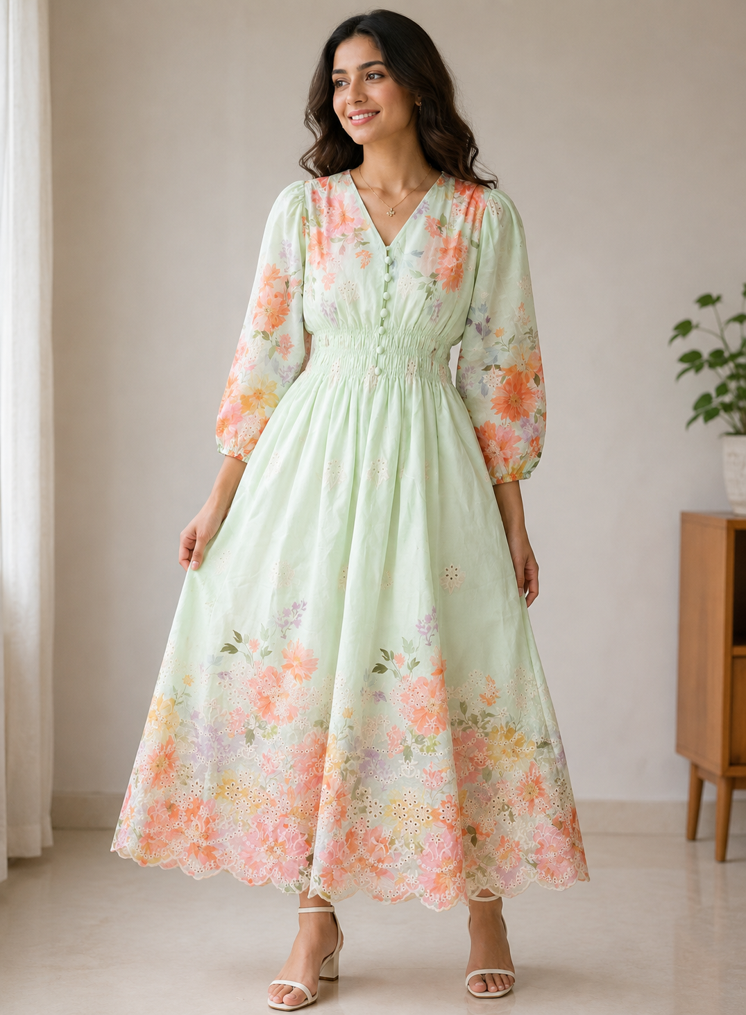Flower printed v neck dress