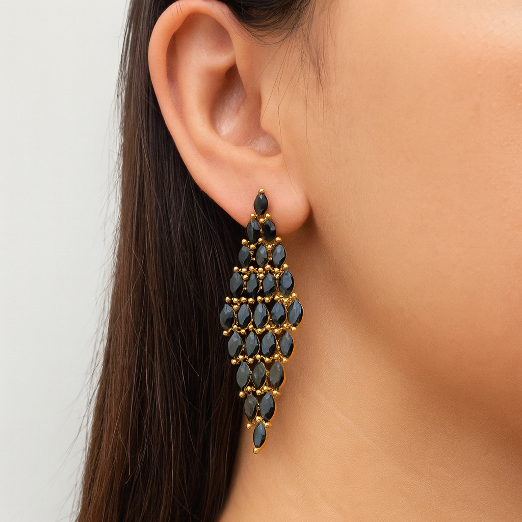 Geometric style black diamonds stud earring