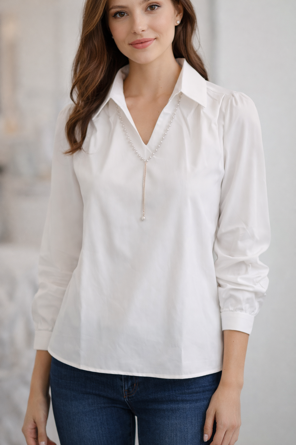 Long Hand Shirt With Collar Pearl Necklace