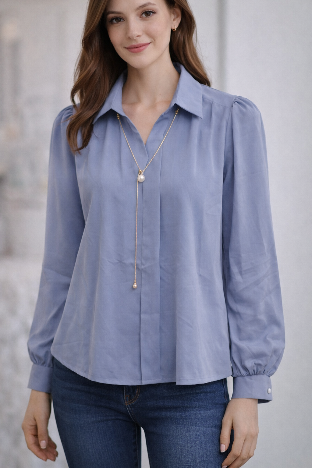 Shirt With Collar Long Pearl Necklace