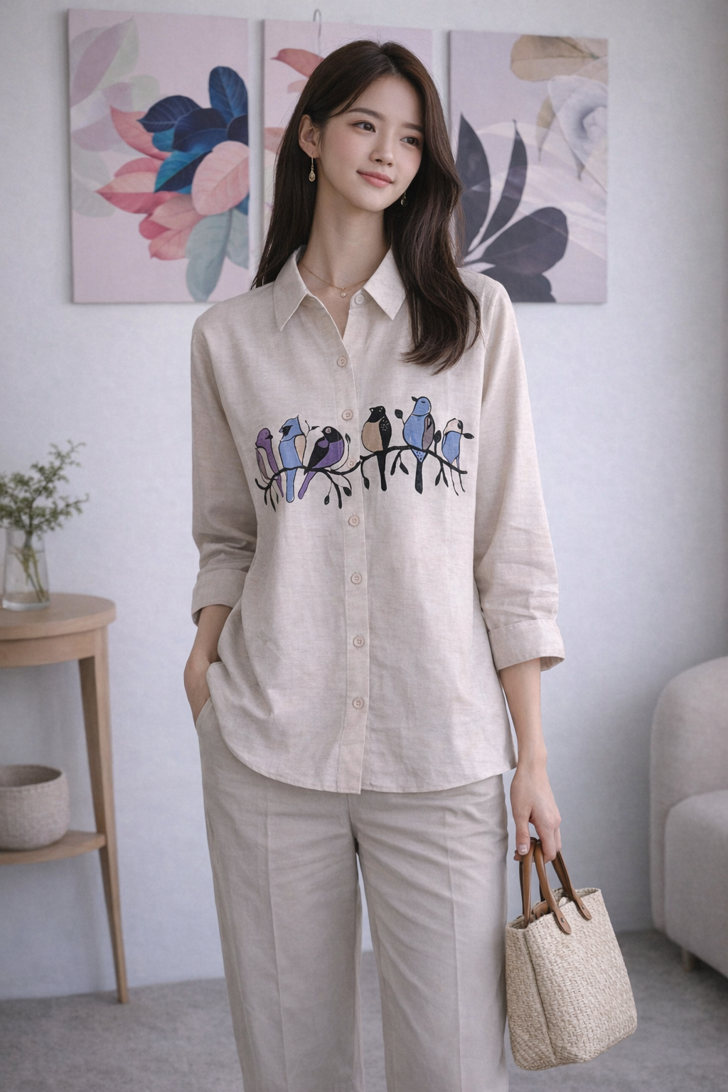 Beautiful Purple & Blue Shaded Bird Painted Shirt For Girls