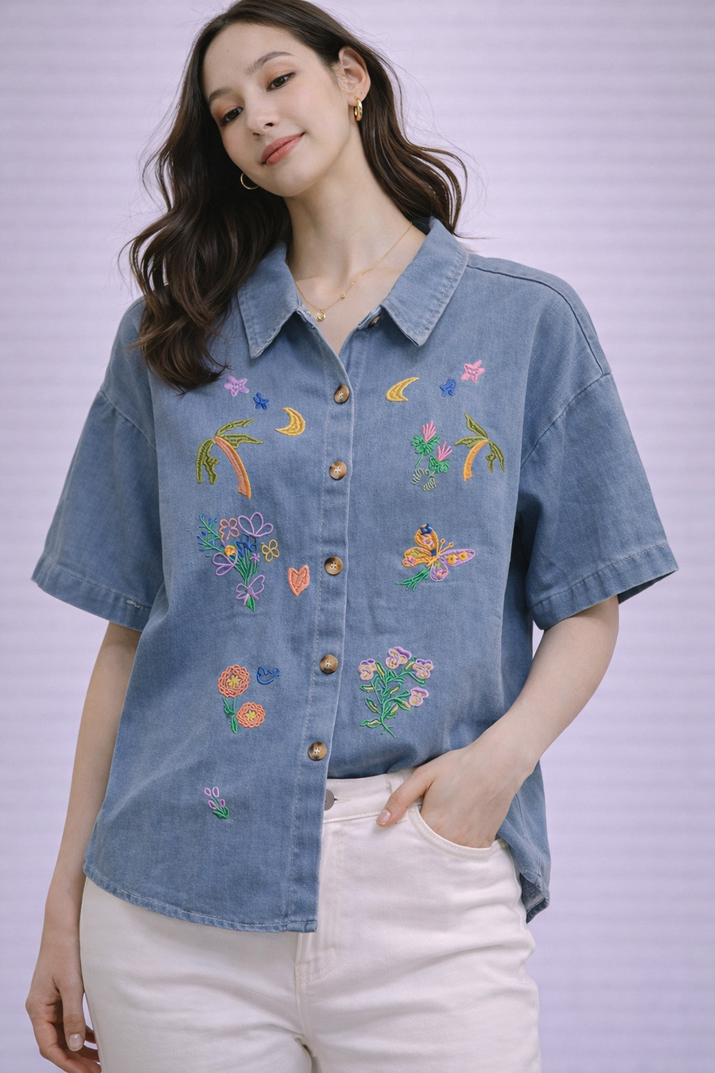 Flower Design Lite Blue Jeans Shirt
