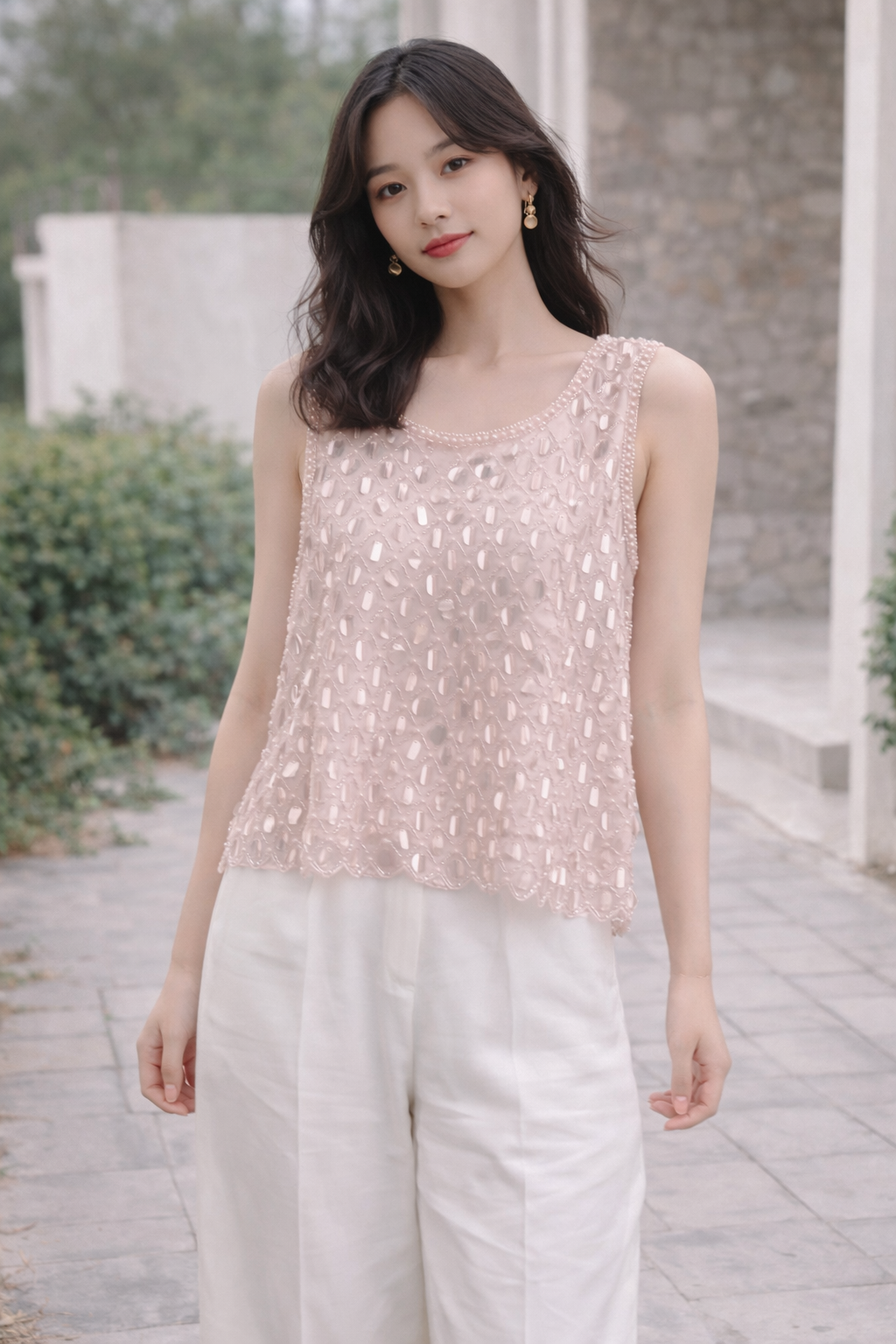 Pink Colour Beads Design Sleeveless Top