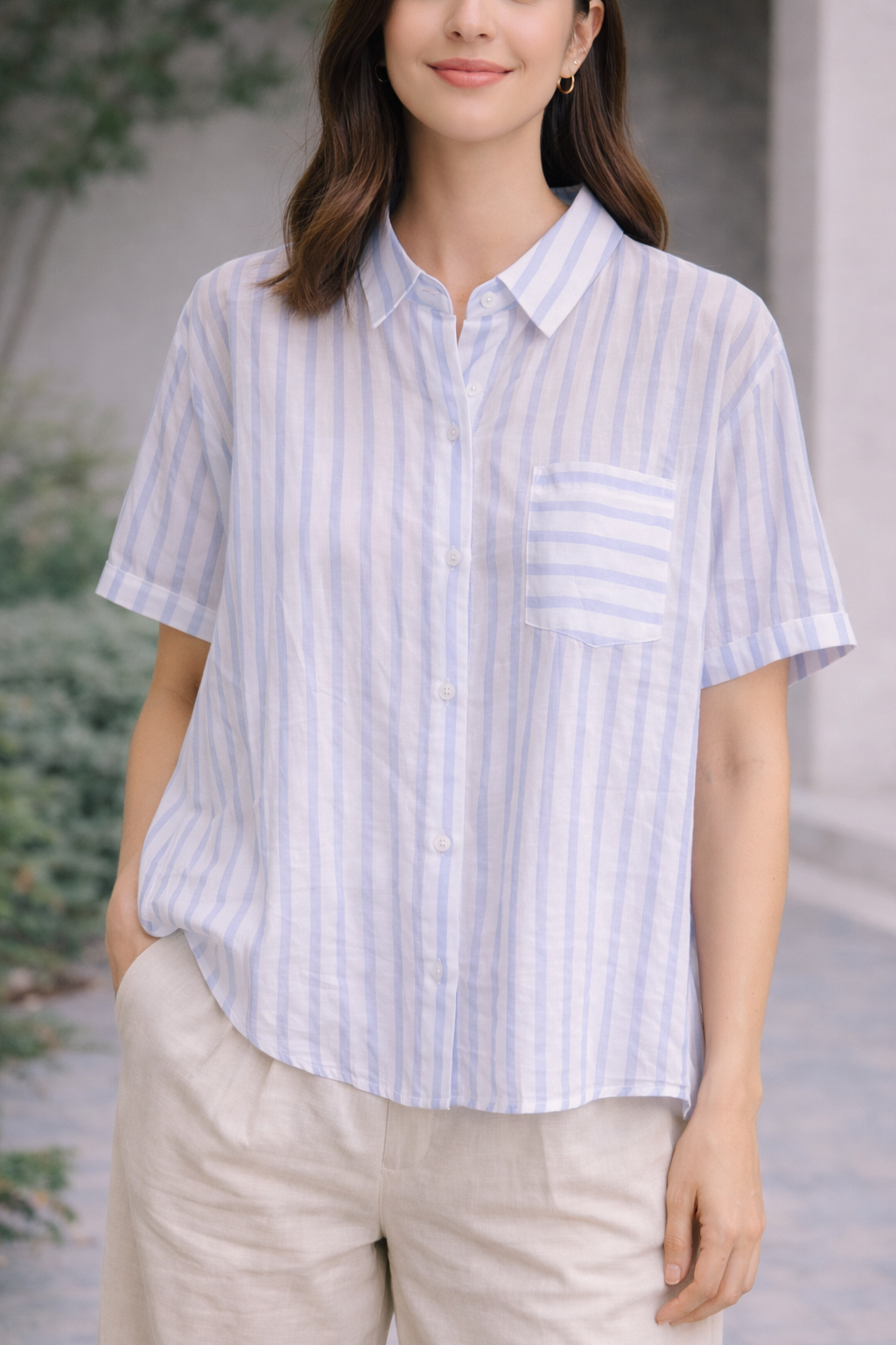 White Colour Line Print Shirt For Girl