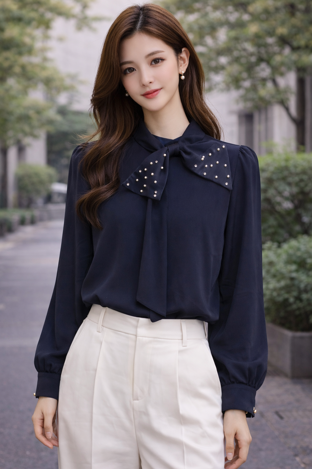 Pearl Design Neck Long Shirt For Women
