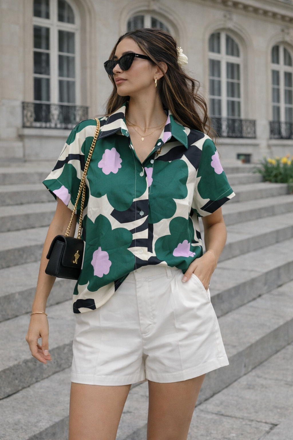 Short Sleeve Flower Printed Green Crop Shirt For Women