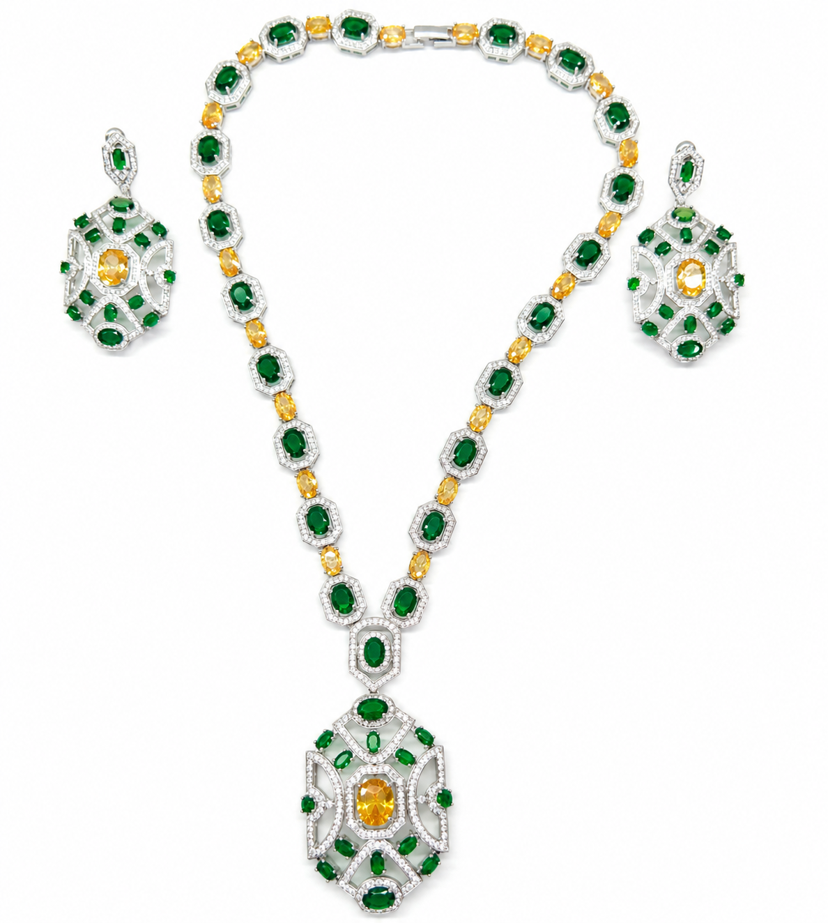 Beautiful Green & Yellow Diamonds Necklace Set For Wedding