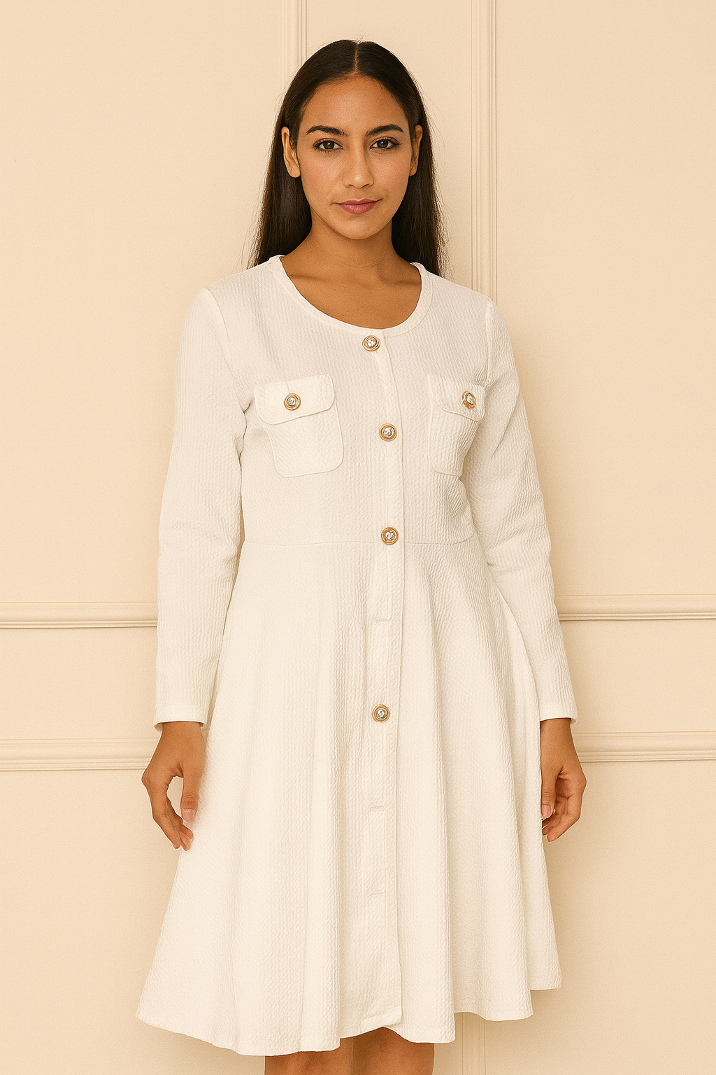 White Long Sleeve Pearl Button Dress For Girls