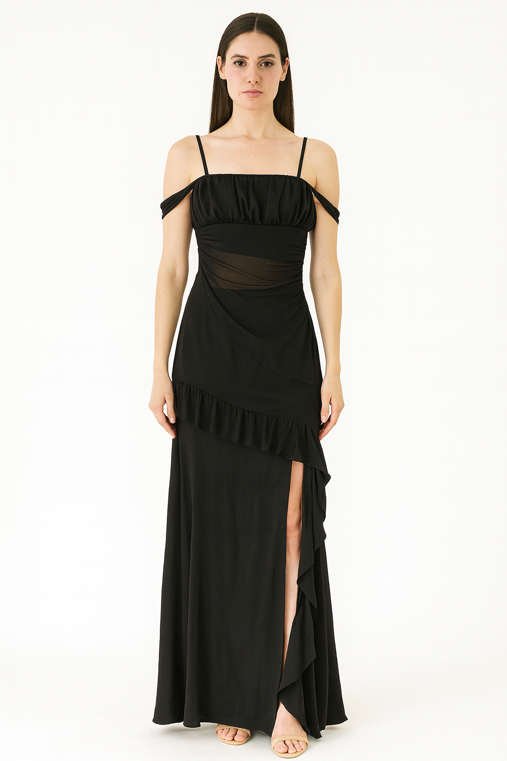 Long black one piece with cut