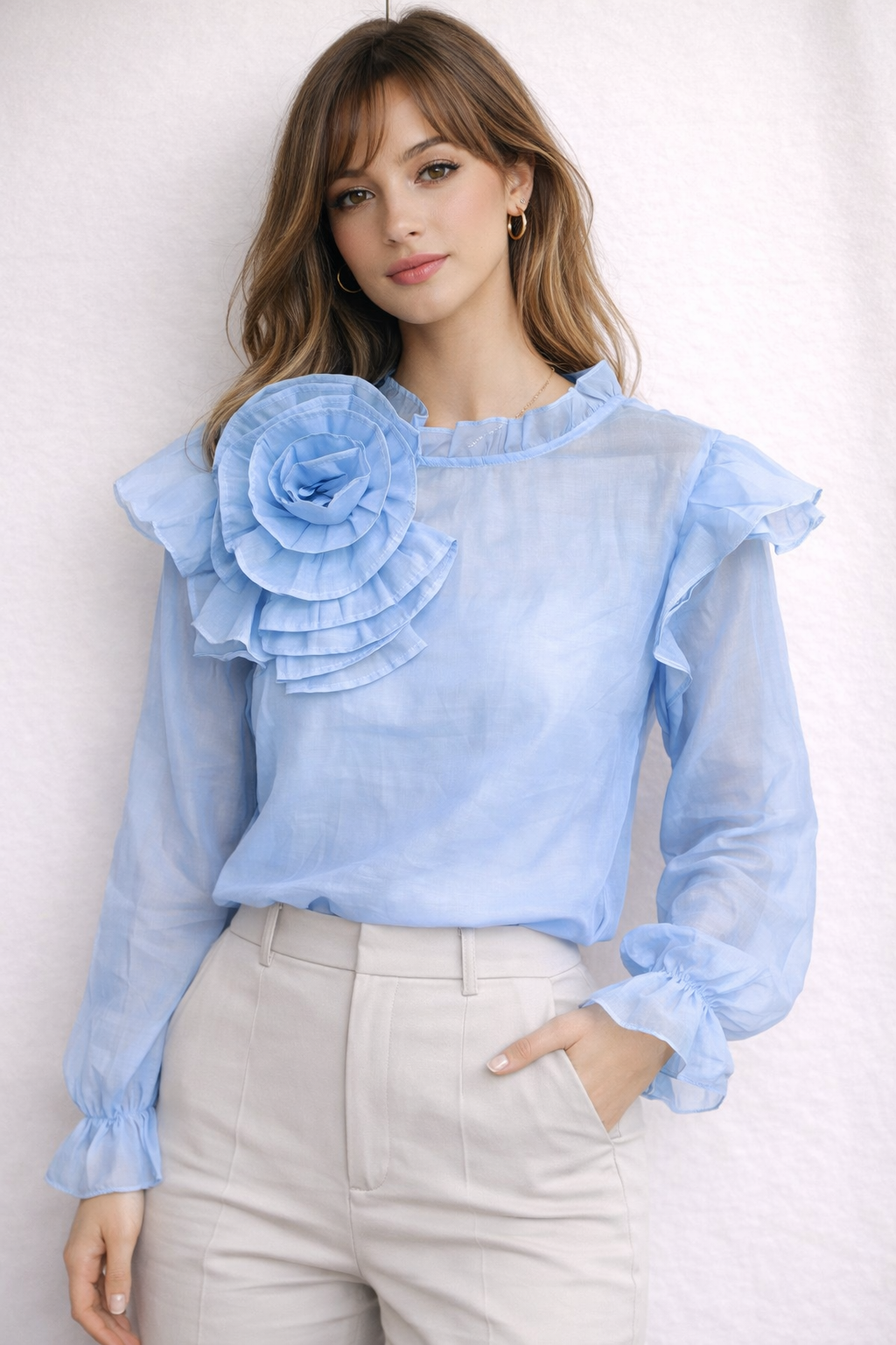 3D Floral Decorate Semi-sheer Puff Sleeve Chiffon Blouse Women's Shirt