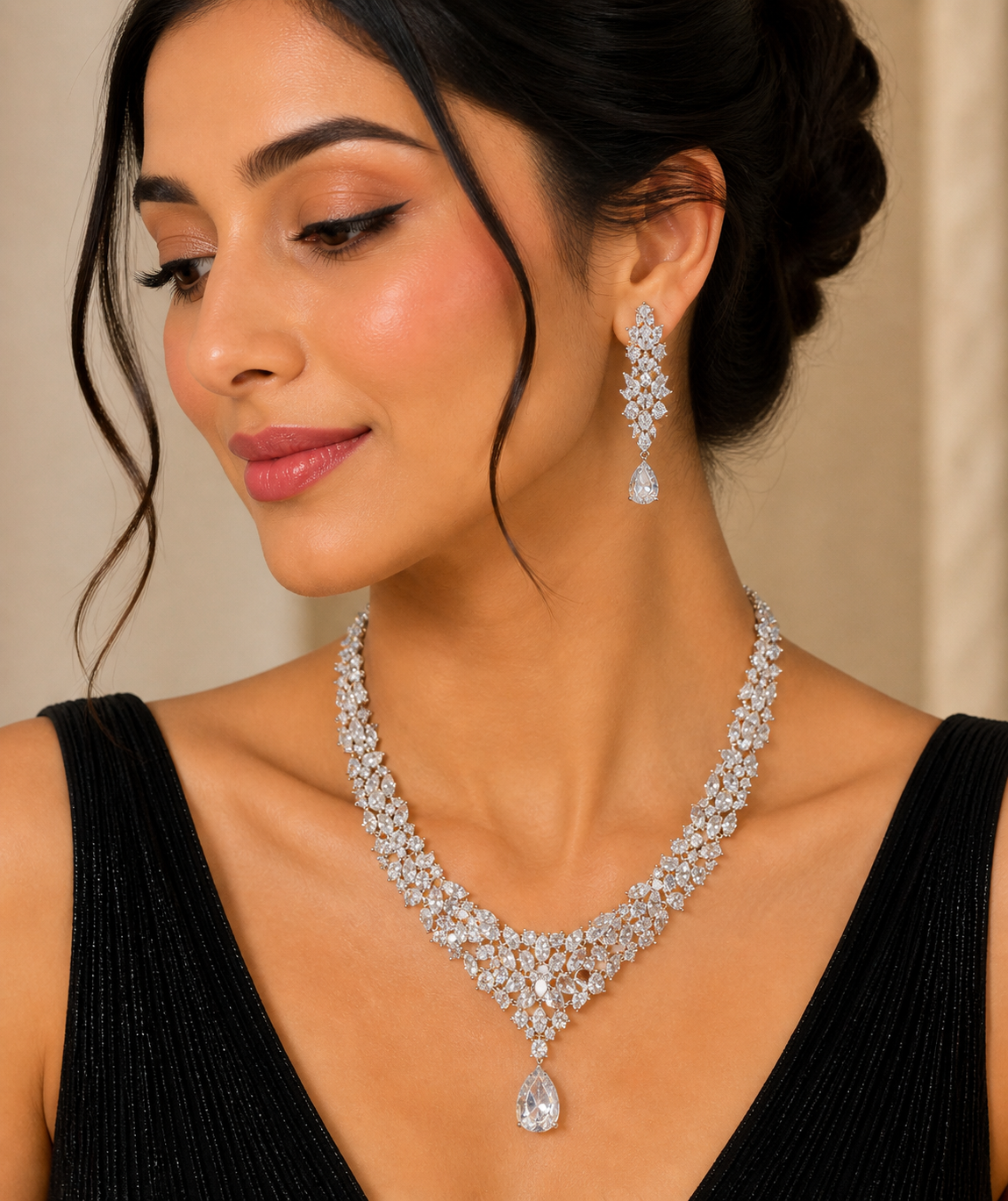 Luxuary Cubic Diamonds Bridal Necklace Set For Women