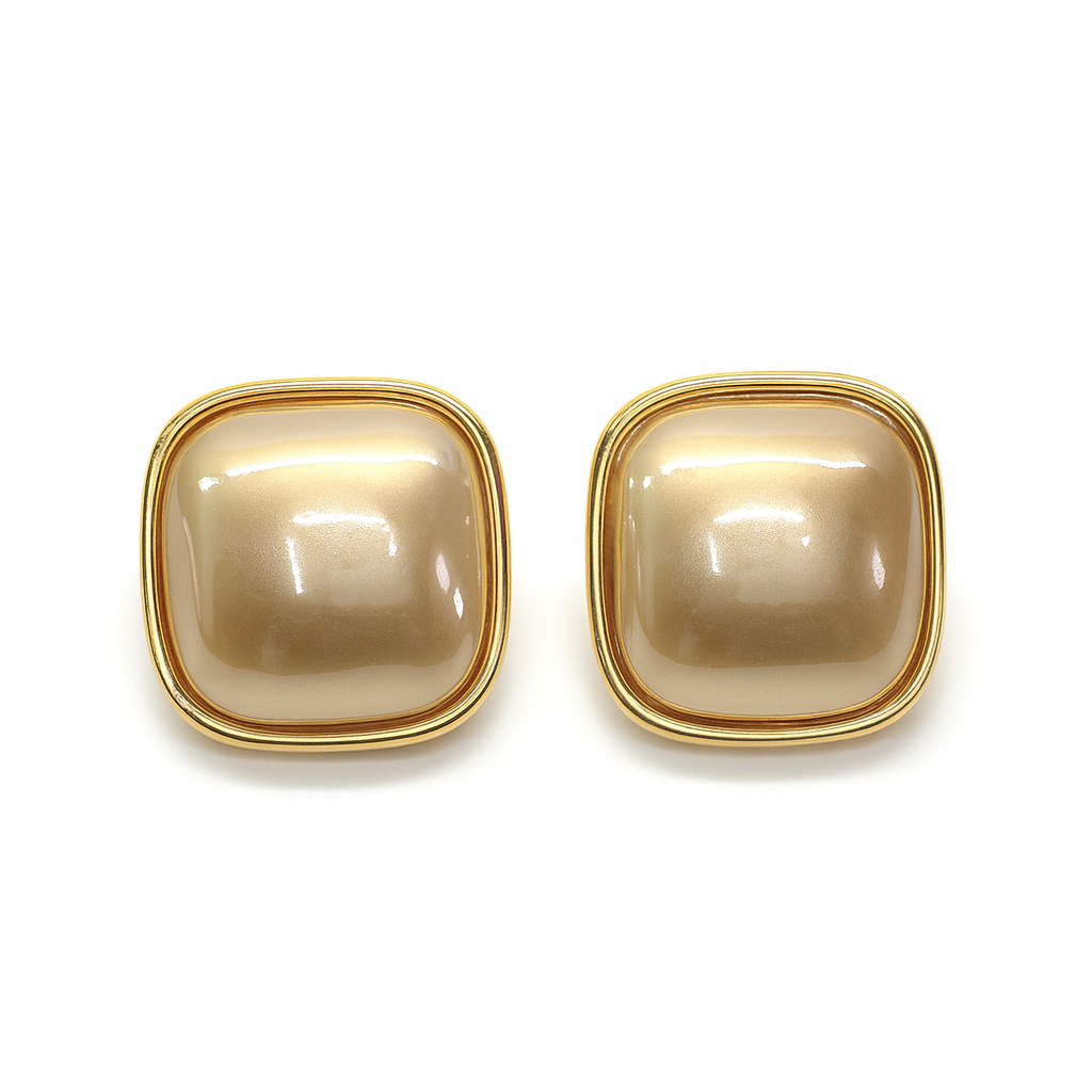 Square Shape Pearl Inlay Golden Stud Earring