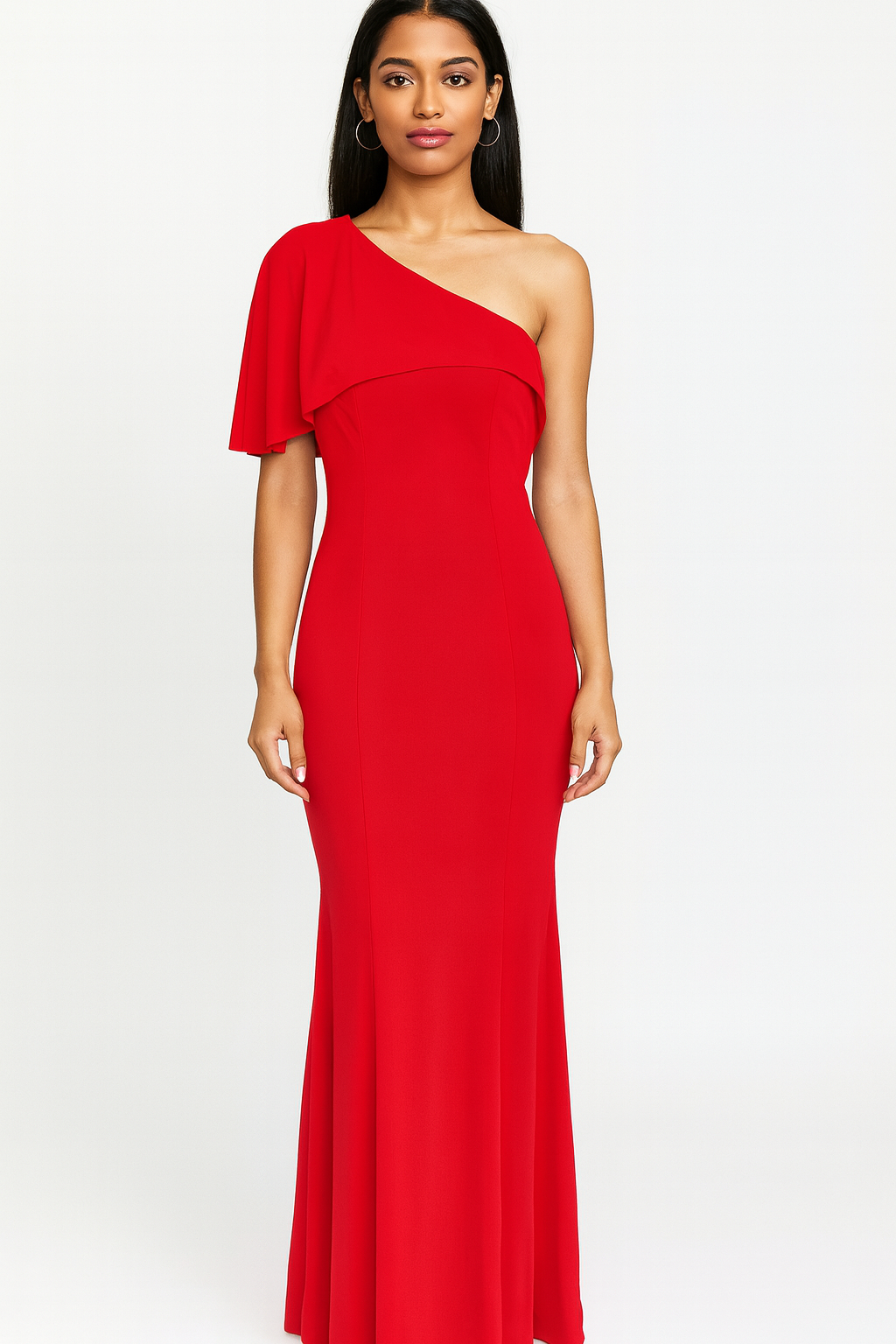 Hot red long dress whit one off shoulder design
