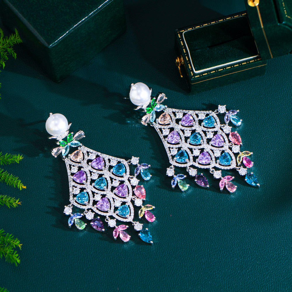 Chunky Cubic Zirconia Pave Multicolor Large Long Chandelier Drop Dangle Earrings