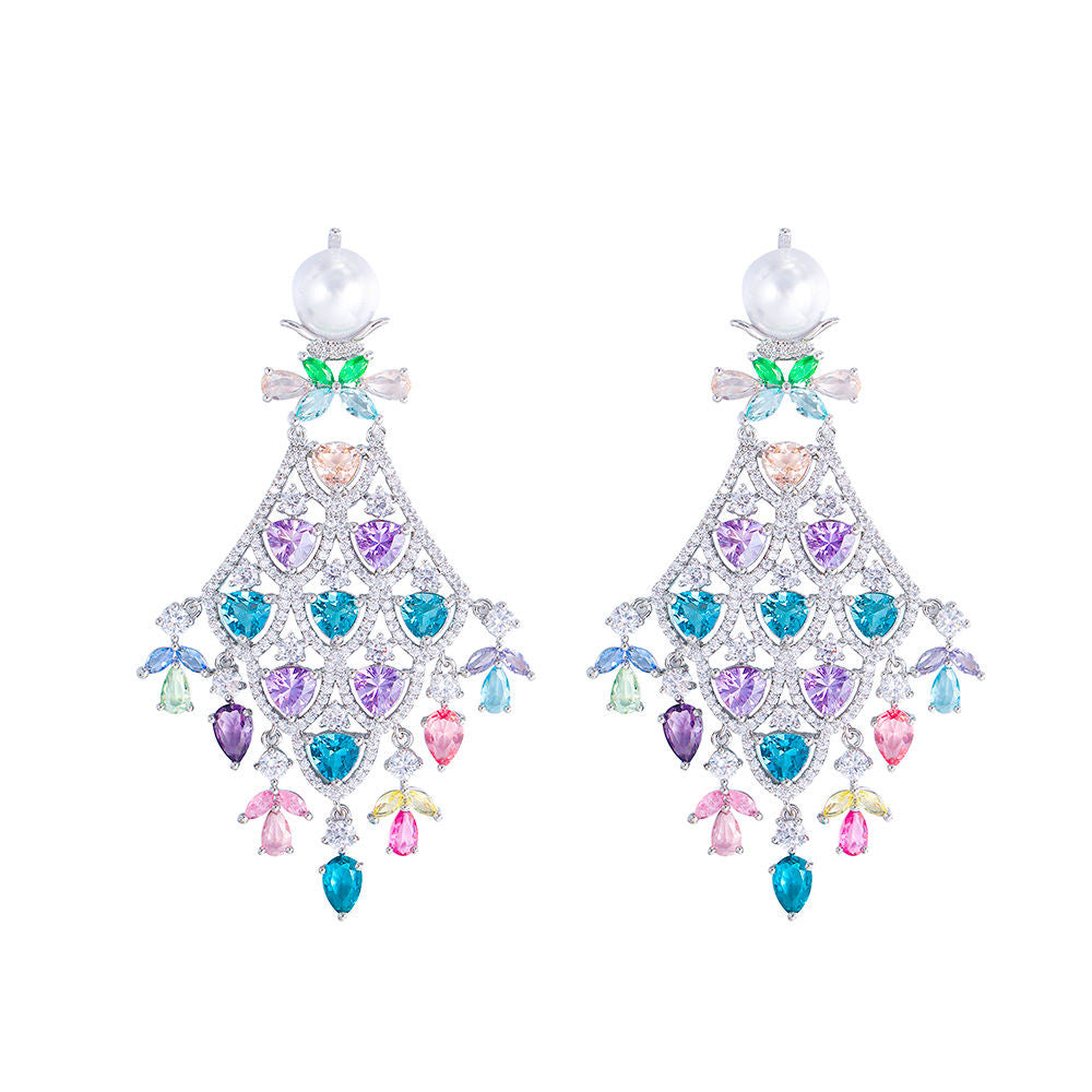 Chunky Cubic Zirconia Pave Multicolor Large Long Chandelier Drop Dangle Earrings