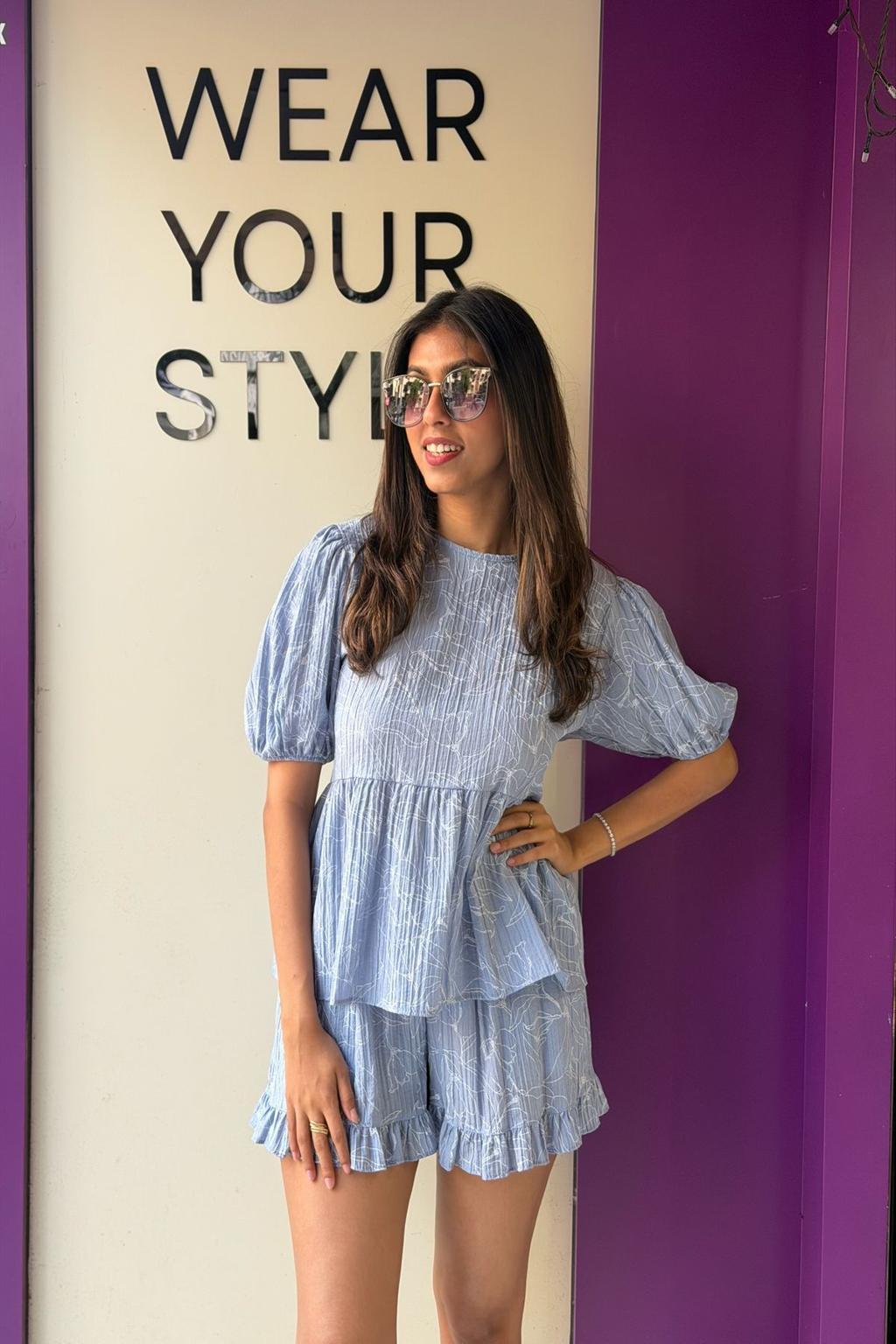 Stylish Blue Top With Shorts Set For Girls