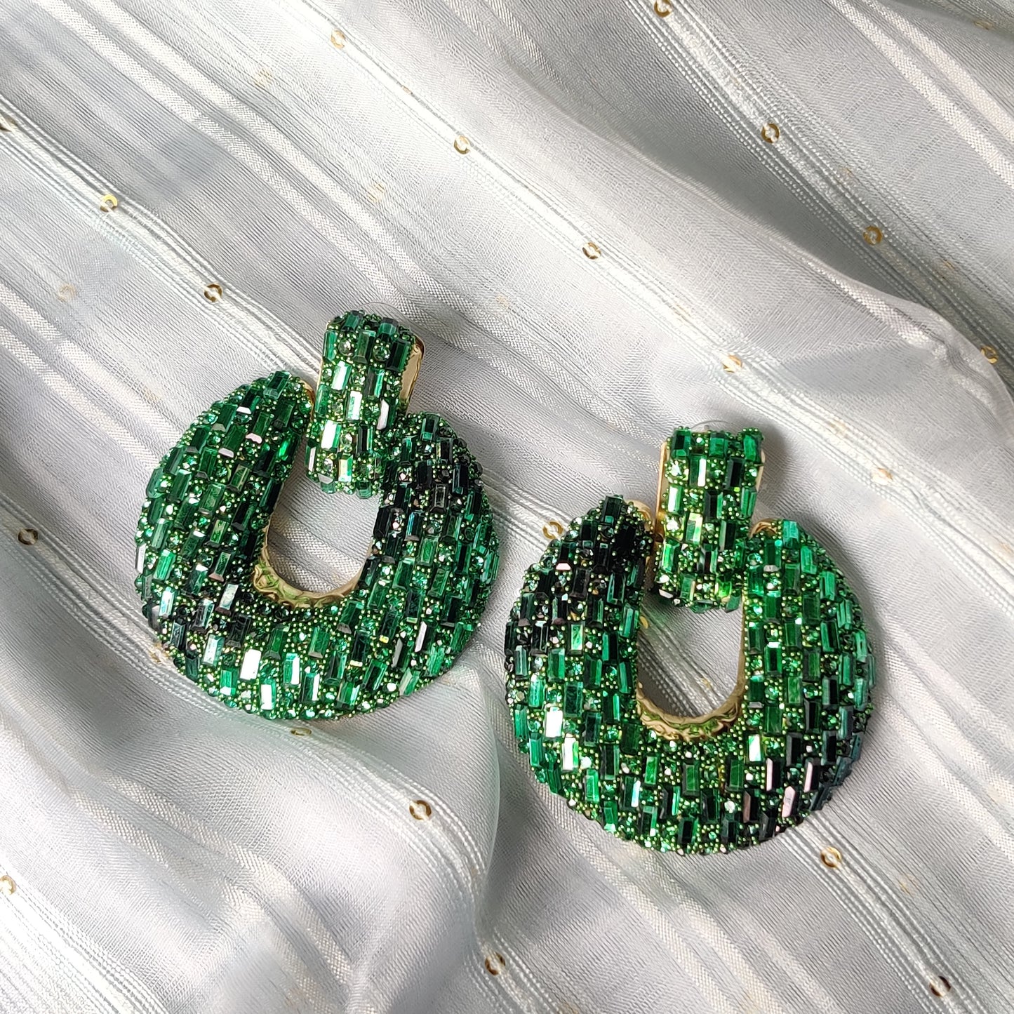 Full of green diamonds geometric round earring