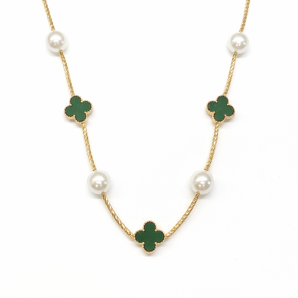 Green flower with pearl necklace for women