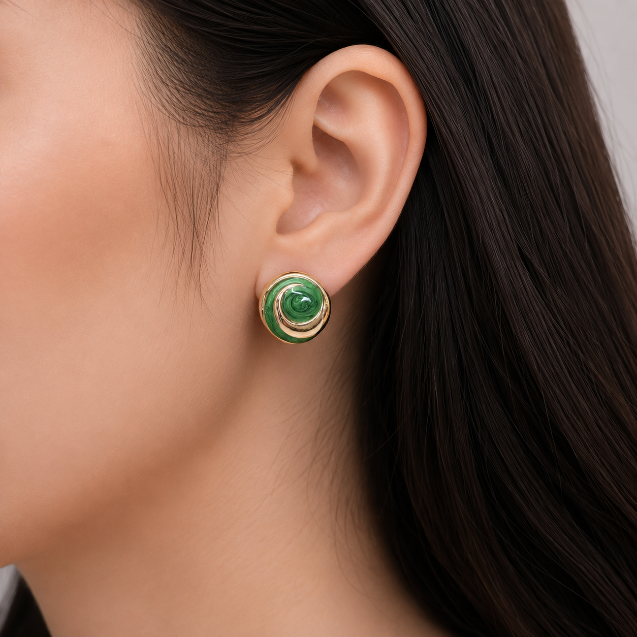 Gold Green Stone Stud Earrings