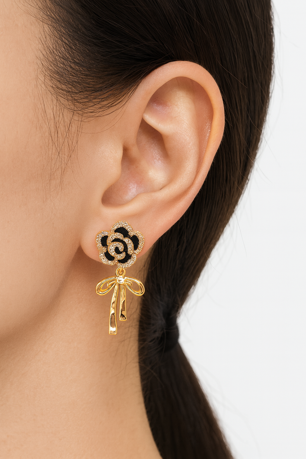 Beautiful Black Flower With Bow Drop Earring