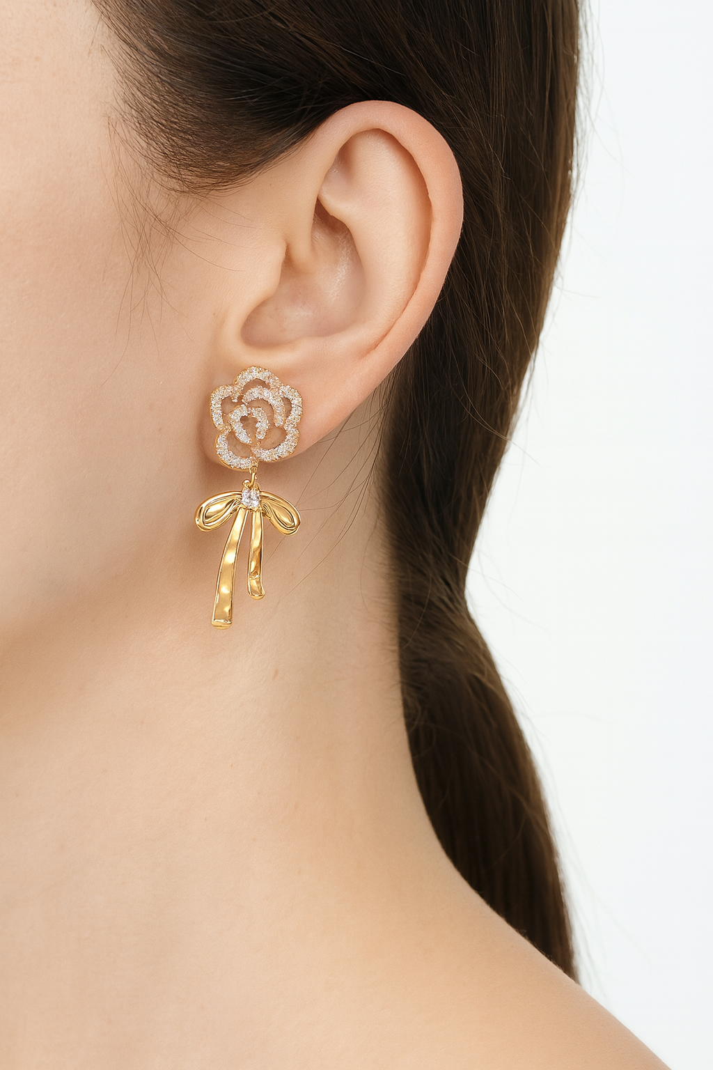 Beautiful White Flower With Bow Drop Earring