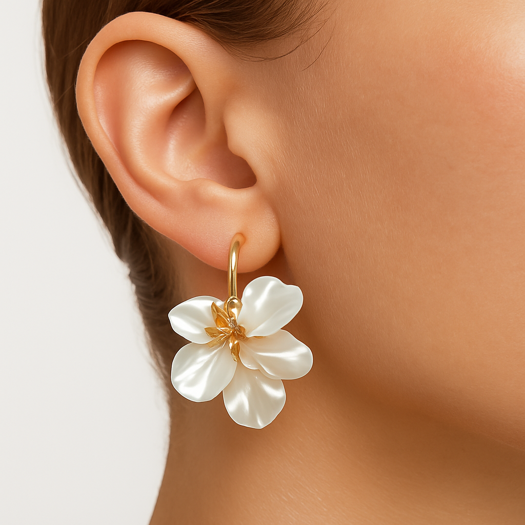 Pretty white leaf design golden stud earring