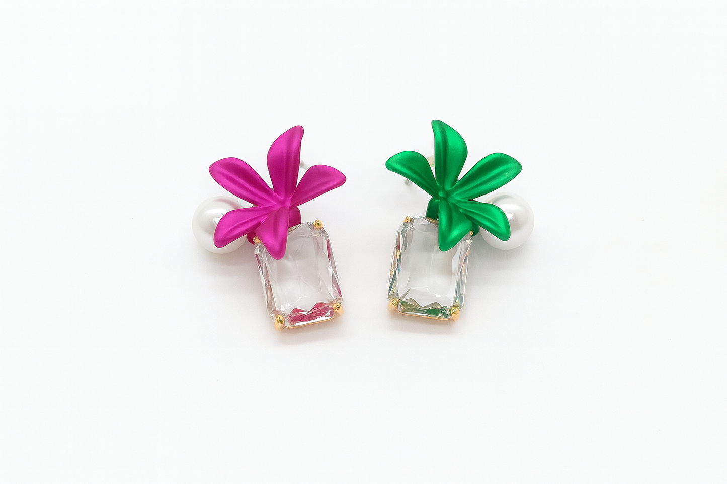 Pink & Green Flower With Gemstone Drop Earring