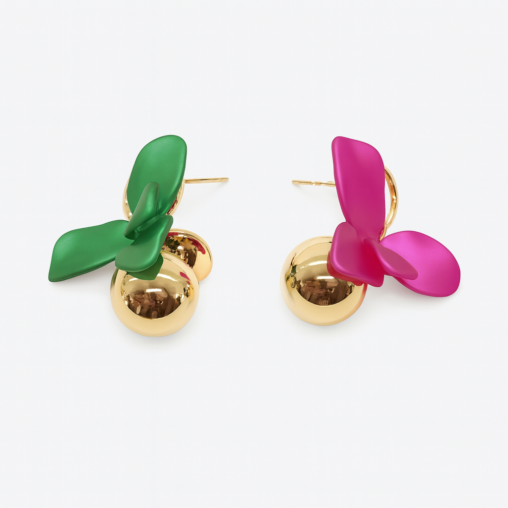 Pink & Green Flower With Pearl Drop Earring