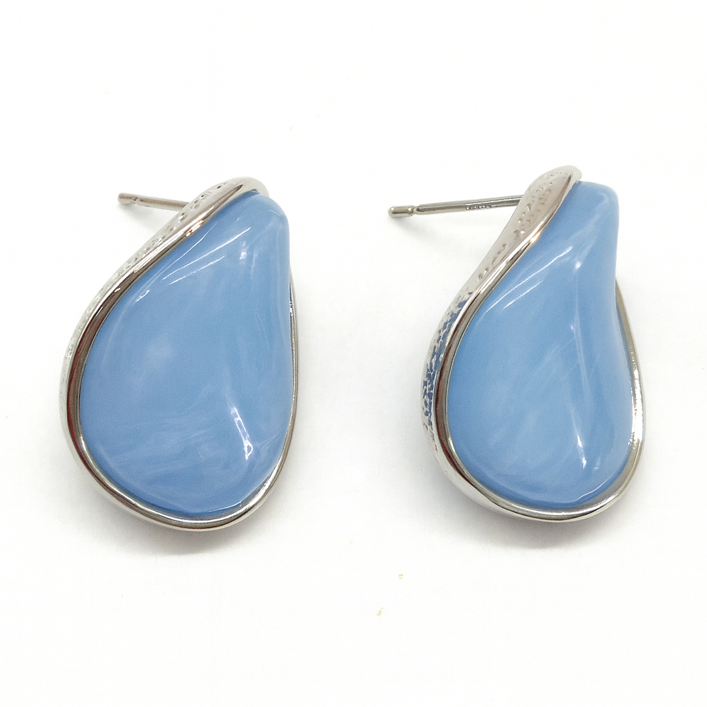 Blue acrylic silver oval stud earring